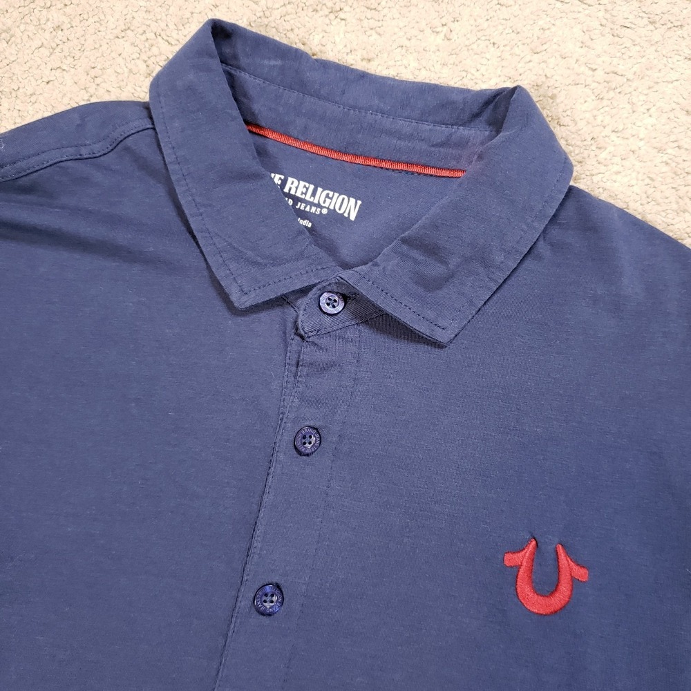 True Religion Polo Shirt Mens L Blue Red Horseshoe Golf Preppy Casual Urban
